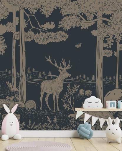 mørkeblå barneskog veggmaleri kalt Monochrome Forest - Vintage Blue av Kikki Belle for soverom og barnehager