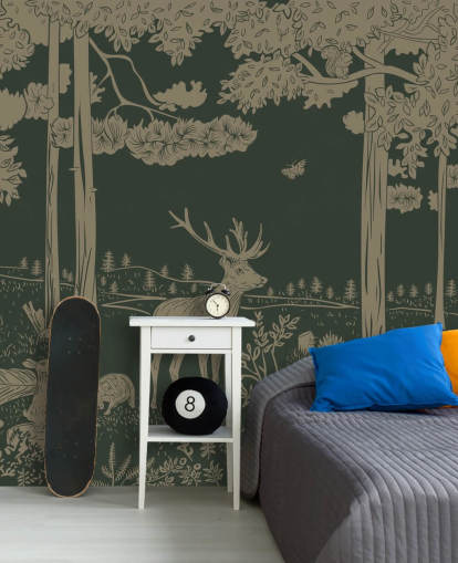 dark green forest wallpaper mural called Monochrome Forest - Vintage Green by Kikki Belle for children's bedrooms and nurseries dark green forest wallpaper mural called Monochrome Forest - Vintage Green by Kikki Belle for children's bedrooms and nurseries
