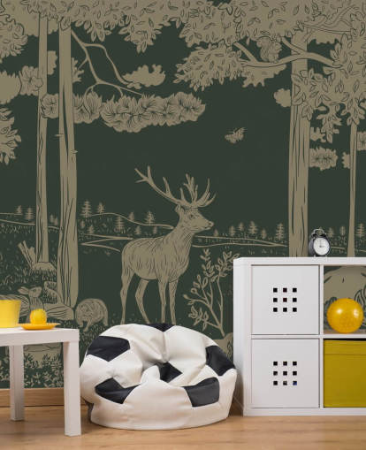 mural de papel de parede verde escuro chamado Monochrome Forest - Vintage Green de Kikki Belle para quartos infantis e creches mural de papel de parede verde escuro chamado Monochrome Forest - Vintage Green de Kikki Belle para quartos infantis e creches