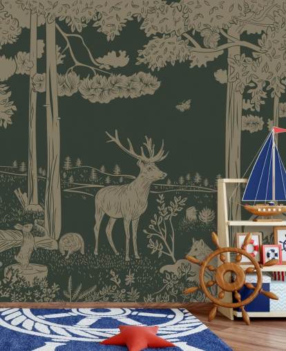 tummanvihreä metsätaustakuvamaalaus nimeltä Monochrome Forest - Vintage Green by Kikki Belle lasten makuuhuoneisiin ja lastentarhoihin