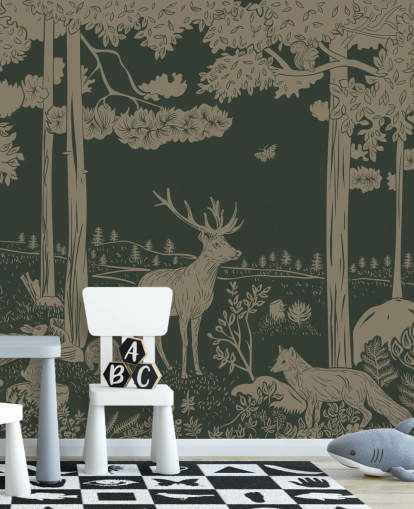 mörkgrön skog tapetväggmålning kallad Monochrome Forest - Vintage Green av Kikki Belle för barns sovrum och plantskolor mörkgrön skog tapetväggmålning kallad Monochrome Forest - Vintage Green av Kikki Belle för barns sovrum och plantskolor