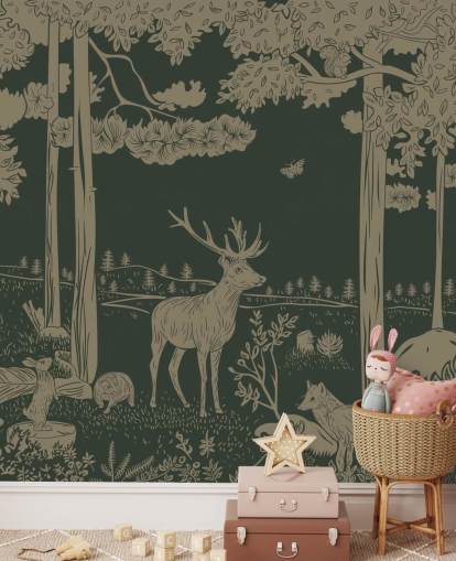 dark green forest wallpaper mural called Monochrome Forest - Vintage Green by Kikki Belle for children's bedrooms and nurseries