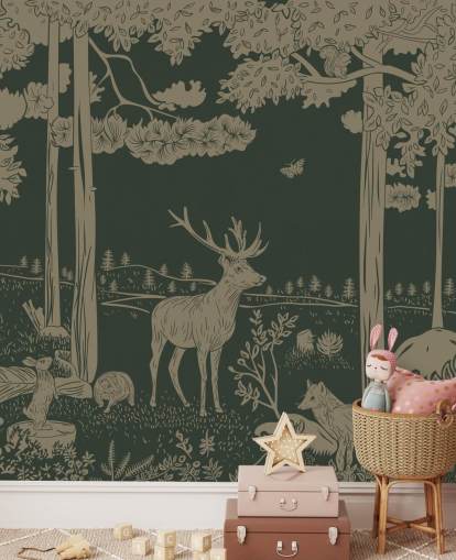 donkergroene bosbehangmuurschildering genaamd Monochrome Forest - Vintage Green van Kikki Belle voor kinderkamers en kinderdagverblijven