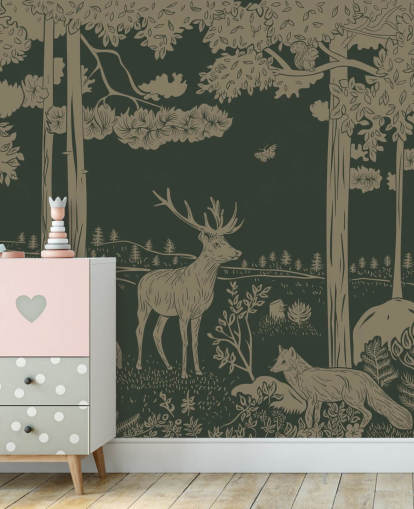 dark green forest wallpaper mural called Monochrome Forest - Vintage Green by Kikki Belle for children's bedrooms and nurseries