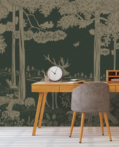 dark green forest wallpaper mural called Monochrome Forest - Vintage Green by Kikki Belle for children's bedrooms and nurseries dark green forest wallpaper mural called Monochrome Forest - Vintage Green by Kikki Belle for children's bedrooms and nurseries