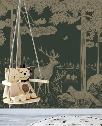 mural de papel pintado de bosque verde oscuro llamado Monochrome Forest - Vintage Green de Kikki Belle para dormitorios y guarderías infantiles