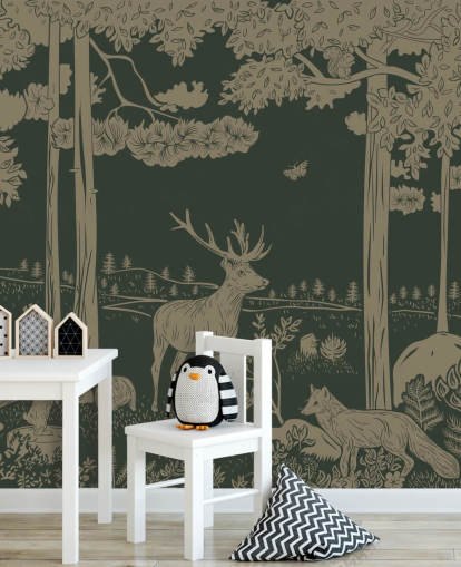 mural de papel pintado de bosque verde oscuro llamado Monochrome Forest - Vintage Green de Kikki Belle para dormitorios y guarderías infantiles