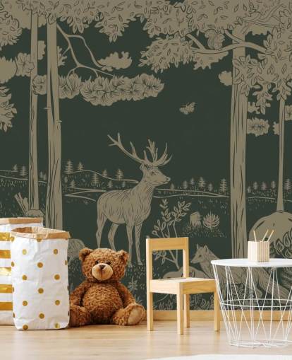 mørkegrønn skog tapet veggmaleri kalt Monochrome Forest - Vintage Green av Kikki Belle for barnas soverom og barnehager