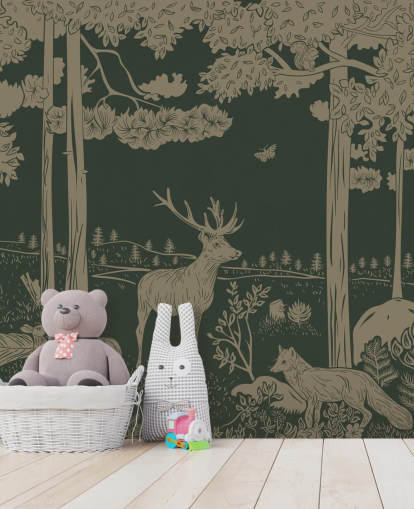 donkergroene bosbehangmuurschildering genaamd Monochrome Forest - Vintage Green van Kikki Belle voor kinderkamers en kinderdagverblijven