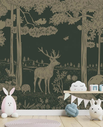 dark green forest wallpaper mural called Monochrome Forest - Vintage Green by Kikki Belle for children's bedrooms and nurseries