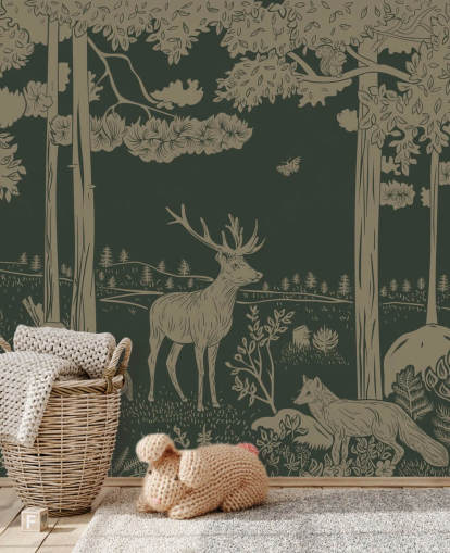 mural de papel pintado de bosque verde oscuro llamado Monochrome Forest - Vintage Green de Kikki Belle para dormitorios y guarderías infantiles mural de papel pintado de bosque verde oscuro llamado Monochrome Forest - Vintage Green de Kikki Belle para dormitorios y guarderías infantiles
