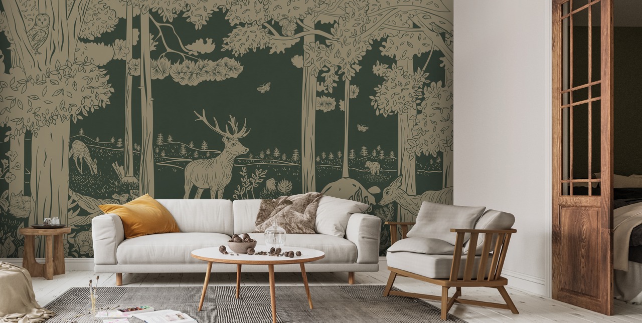 Monochrome Forest - Vintage Green Wallpaper Mural | Wallsauce UK