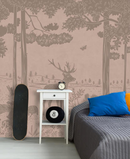 mural de pared rosa para niños llamado Monochrome Forest - Vintage Pink de Kikki Belle para dormitorios y guarderías