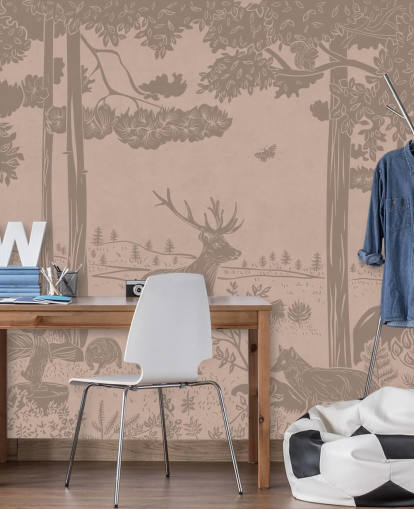 roze kinderbosmuurschildering genaamd Monochrome Forest - Vintage Pink van Kikki Belle voor slaapkamers en kinderdagverblijven roze kinderbosmuurschildering genaamd Monochrome Forest - Vintage Pink van Kikki Belle voor slaapkamers en kinderdagverblijven