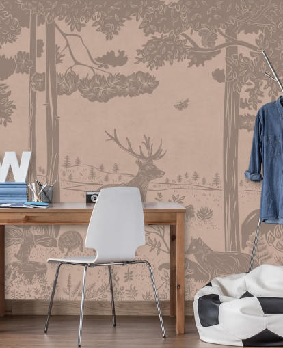 rosa barnskog väggmålning som heter Monochrome Forest - Vintage Pink av Kikki Belle för sovrum och plantskolor