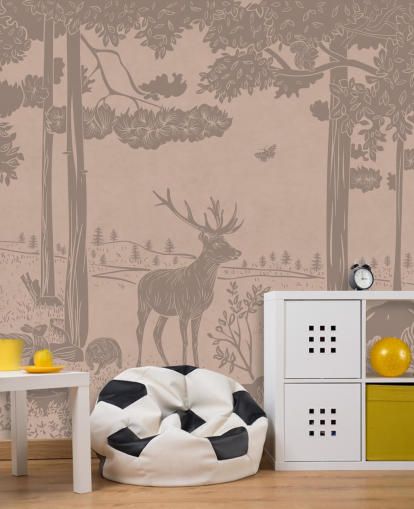 vaaleanpunainen lasten metsäseinämaalaus nimeltä Monochrome Forest - Vintage Pink by Kikki Belle makuuhuoneisiin ja lastentarhoihin