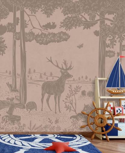 roze kinderbosmuurschildering genaamd Monochrome Forest - Vintage Pink van Kikki Belle voor slaapkamers en kinderdagverblijven roze kinderbosmuurschildering genaamd Monochrome Forest - Vintage Pink van Kikki Belle voor slaapkamers en kinderdagverblijven