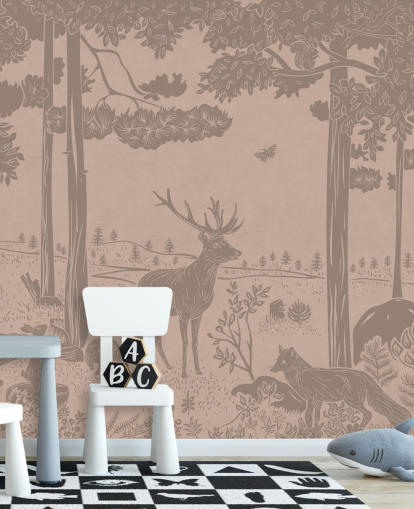 lyserød børneskovvægmaleri kaldet Monochrome Forest - Vintage Pink af Kikki Belle til soveværelser og planteskoler