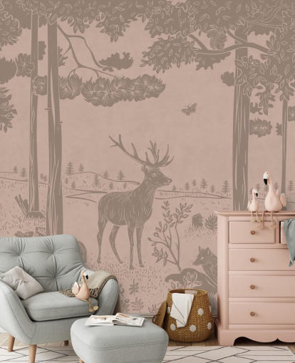 mural de pared rosa para niños llamado Monochrome Forest - Vintage Pink de Kikki Belle para dormitorios y guarderías mural de pared rosa para niños llamado Monochrome Forest - Vintage Pink de Kikki Belle para dormitorios y guarderías
