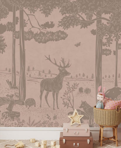 mural de parede florestal infantil rosa chamado Monochrome Forest - Vintage Pink de Kikki Belle para quartos e creches