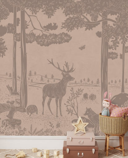 roze kinderbosmuurschildering genaamd Monochrome Forest - Vintage Pink van Kikki Belle voor slaapkamers en kinderdagverblijven