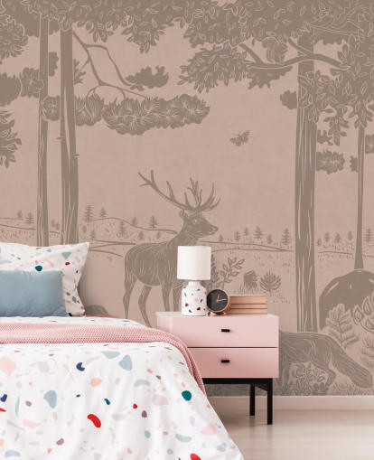 pink kids forest wall mural called Monochrome Forest - Vintage Pink by Kikki Belle for bedrooms and nurseries