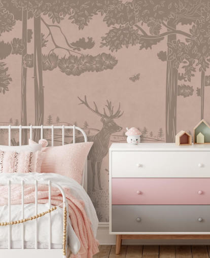 pink kids forest wall mural called Monochrome Forest - Vintage Pink by Kikki Belle for bedrooms and nurseries