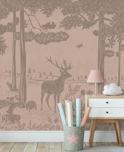 mural de pared rosa para niños llamado Monochrome Forest - Vintage Pink de Kikki Belle para dormitorios y guarderías