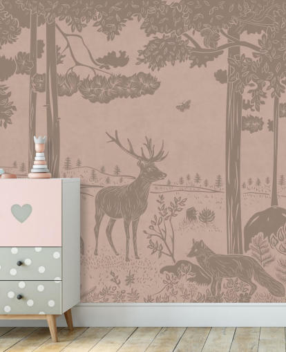 mural de parede florestal infantil rosa chamado Monochrome Forest - Vintage Pink de Kikki Belle para quartos e creches