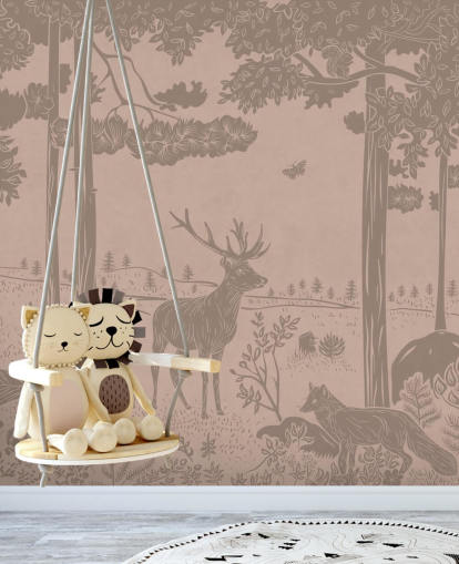 rosa barnskog väggmålning som heter Monochrome Forest - Vintage Pink av Kikki Belle för sovrum och plantskolor