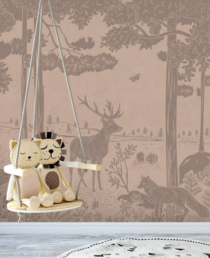vaaleanpunainen lasten metsäseinämaalaus nimeltä Monochrome Forest - Vintage Pink by Kikki Belle makuuhuoneisiin ja lastentarhoihin