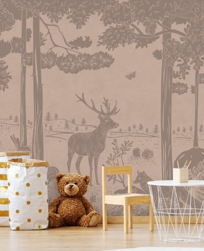 pink kids forest wall mural called Monochrome Forest - Vintage Pink by Kikki Belle for bedrooms and nurseries