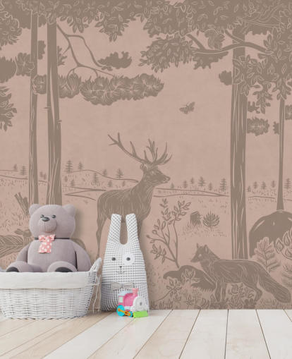rosa barnskog väggmålning som heter Monochrome Forest - Vintage Pink av Kikki Belle för sovrum och plantskolor