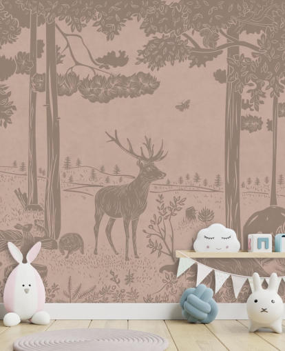 pink kids forest wall mural called Monochrome Forest - Vintage Pink by Kikki Belle for bedrooms and nurseries pink kids forest wall mural called Monochrome Forest - Vintage Pink by Kikki Belle for bedrooms and nurseries
