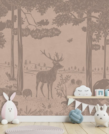 lyserød børneskovvægmaleri kaldet Monochrome Forest - Vintage Pink af Kikki Belle til soveværelser og planteskoler