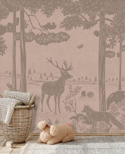 mural de parede florestal infantil rosa chamado Monochrome Forest - Vintage Pink de Kikki Belle para quartos e creches