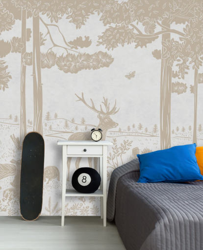 mural de pared de bosque blanco llamado Monochrome Forest - Vintage White de Kikki Belle para dormitorios infantiles