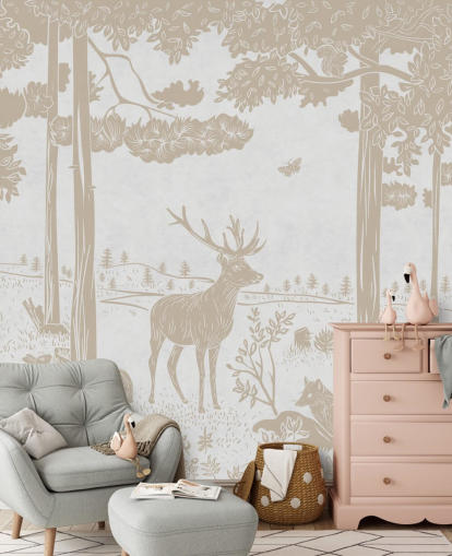 witte bosmuurschildering genaamd Monochrome Forest - Vintage White van Kikki Belle voor kinderkamers witte bosmuurschildering genaamd Monochrome Forest - Vintage White van Kikki Belle voor kinderkamers