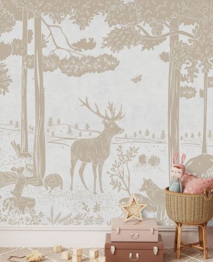 white forest wall mural called Monochrome Forest - Vintage White by Kikki Belle for children's bedrooms