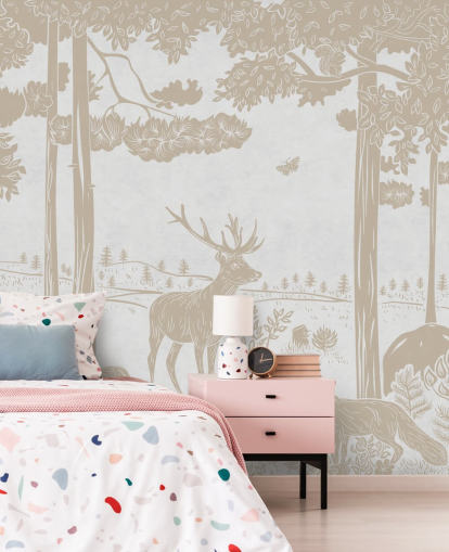 witte bosmuurschildering genaamd Monochrome Forest - Vintage White van Kikki Belle voor kinderkamers