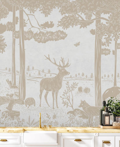 mural de pared de bosque blanco llamado Monochrome Forest - Vintage White de Kikki Belle para dormitorios infantiles