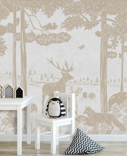 witte bosmuurschildering genaamd Monochrome Forest - Vintage White van Kikki Belle voor kinderkamers