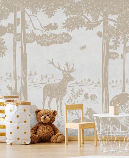 witte bosmuurschildering genaamd Monochrome Forest - Vintage White van Kikki Belle voor kinderkamers