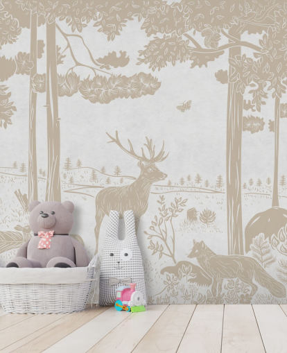 hvit skog veggmaleri kalt Monochrome Forest - Vintage White av Kikki Belle for barnas soverom