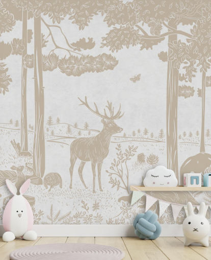 valkoinen metsäseinämaalaus nimeltä Monochrome Forest - Vintage White by Kikki Belle lasten makuuhuoneisiin