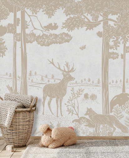 vit skog väggmålning kallad Monochrome Forest - Vintage White av Kikki Belle för barnens sovrum