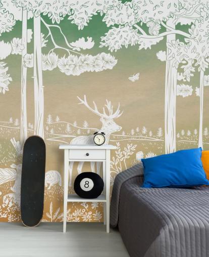 carta da parati murale verde per bambini chiamata Monochrome Forest - Green Sky di Kikki Belle