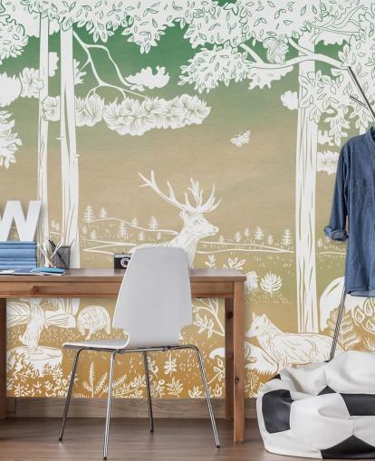 papier peint mural vert pour enfants appelé Monochrome Forest - Green Sky de Kikki Belle