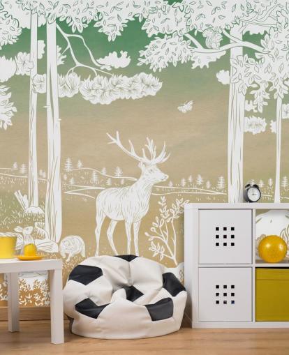 green kids forest wallpaper mural called Monochrome Forest - Green Sky by Kikki Belle