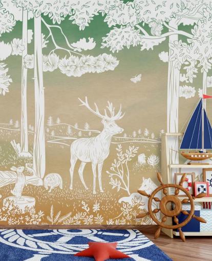 papier peint mural vert pour enfants appelé Monochrome Forest - Green Sky de Kikki Belle papier peint mural vert pour enfants appelé Monochrome Forest - Green Sky de Kikki Belle